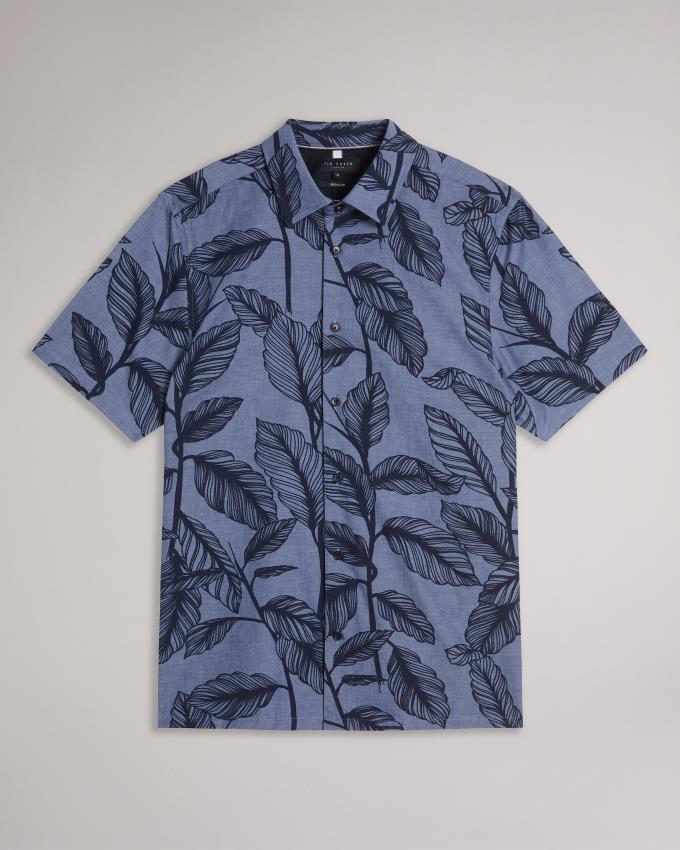 Chemises Ted Baker Short Sleeve Leaf Print Bleu Homme | LWG-90972334